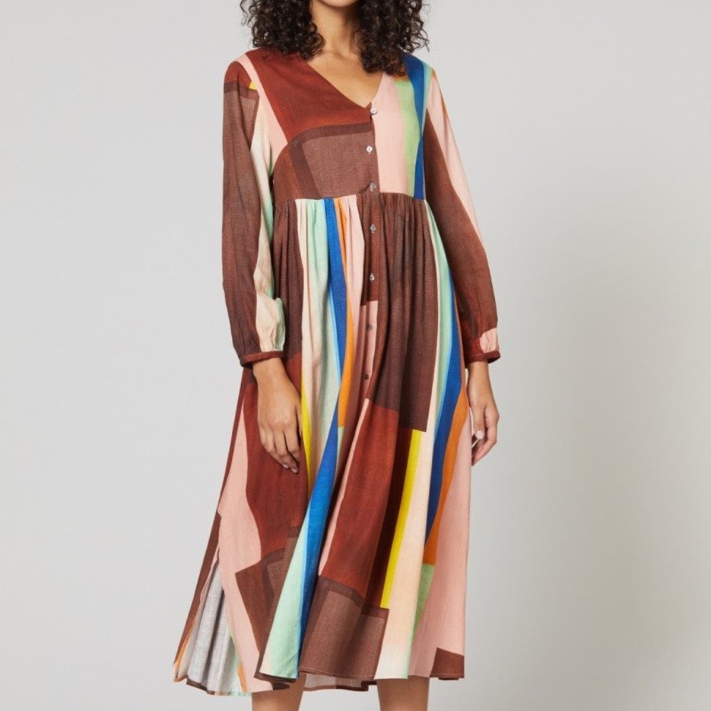 Caroline Collom X Gorman Colorful Patchwork Dress Size 10 Long Sleeve V-Neck